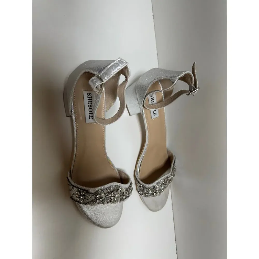 SheSole Women’s Open Toe Chunky Low Heels Silver Sequin Sz 41 US 10 Party